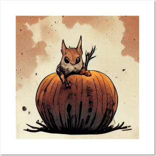 Skittish squirrel on a pumpkin Posters and Art